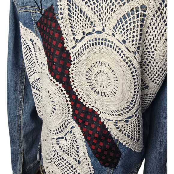 Vintage Upcycled Canyon River Blues Lace Butterfly Tie‎ Patches Jean Jacket XL - Picture 4 of 15